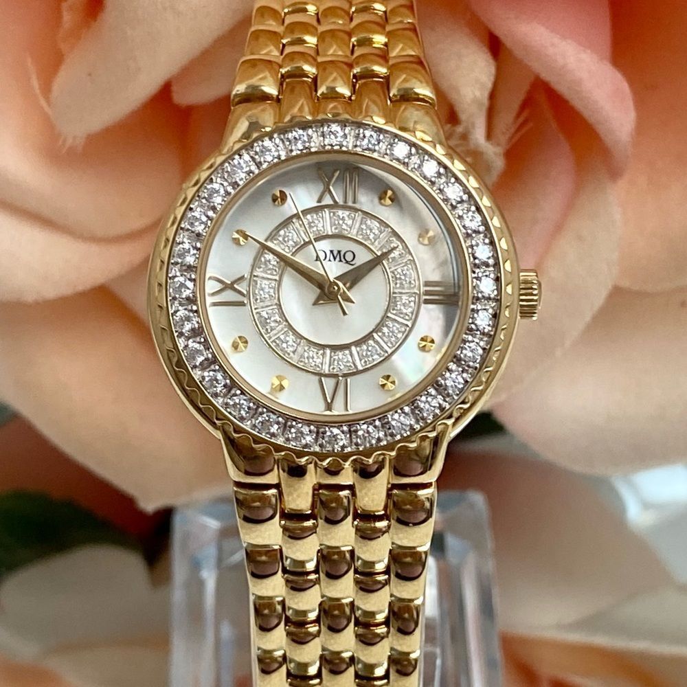 DMQ Diamonique CZ Bezel Mother of Pearl Dial Gold-Tone Dress Watch - Picture 5 of 16